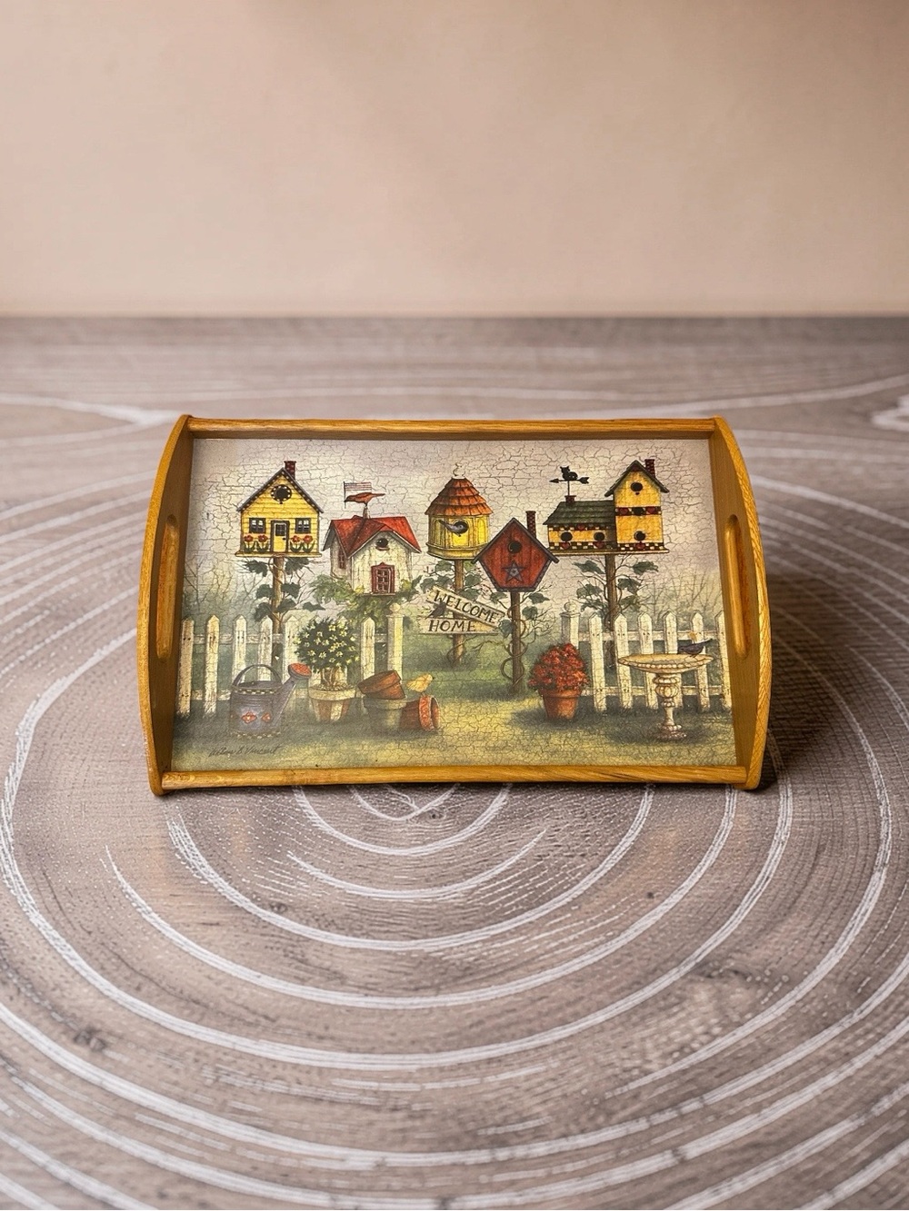 Decorative Birdhouse Scene Wooden Serving Tray